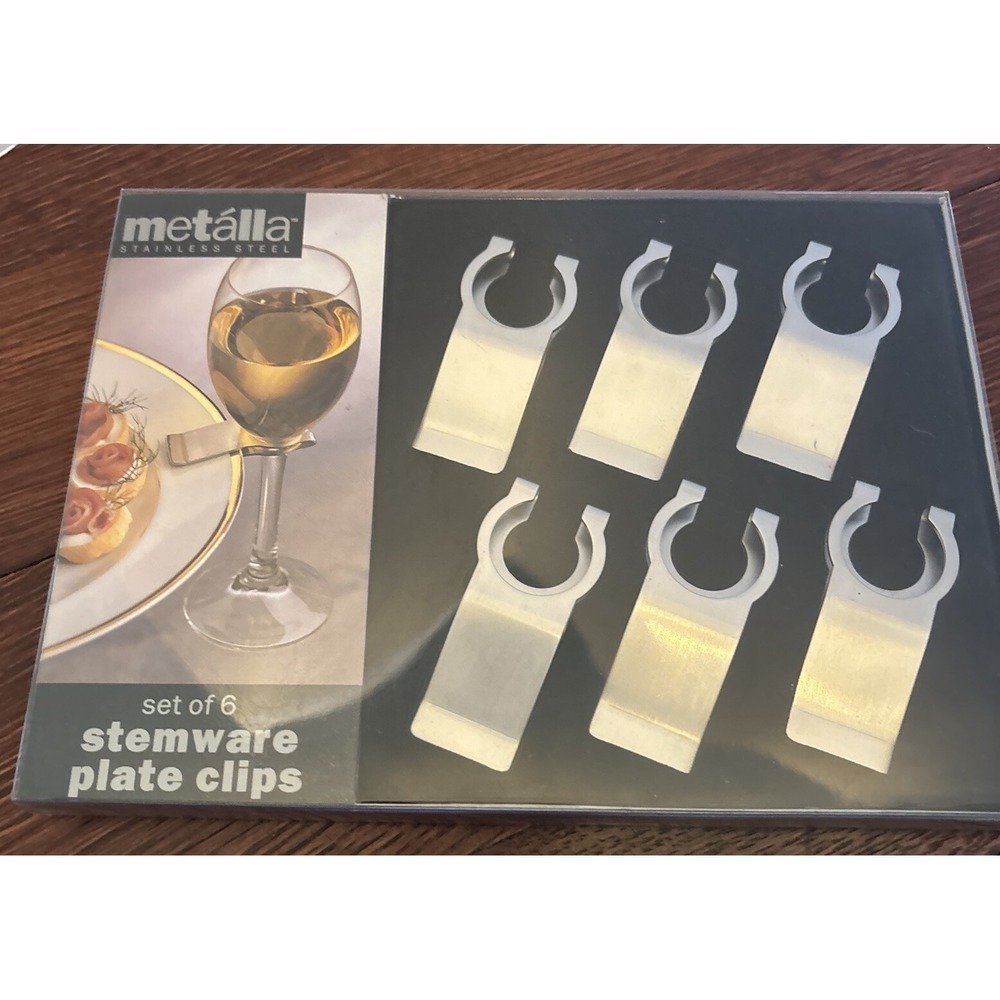 Brushed Stainless Steel Metalla Wine Glass Stemware To Plate Clips Set of 6